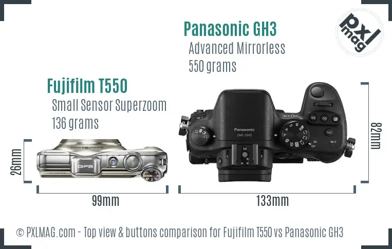 Fujifilm T550 vs Panasonic GH3 top view buttons comparison