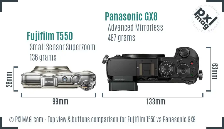 Fujifilm T550 vs Panasonic GX8 top view buttons comparison