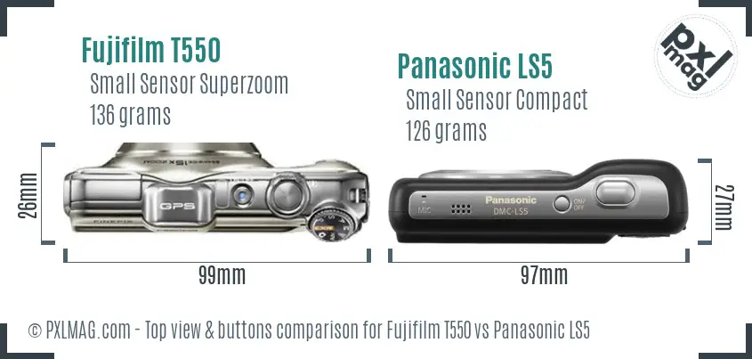 Fujifilm T550 vs Panasonic LS5 top view buttons comparison Fujifilm T550 vs Panasonic LS5 top view buttons comparison