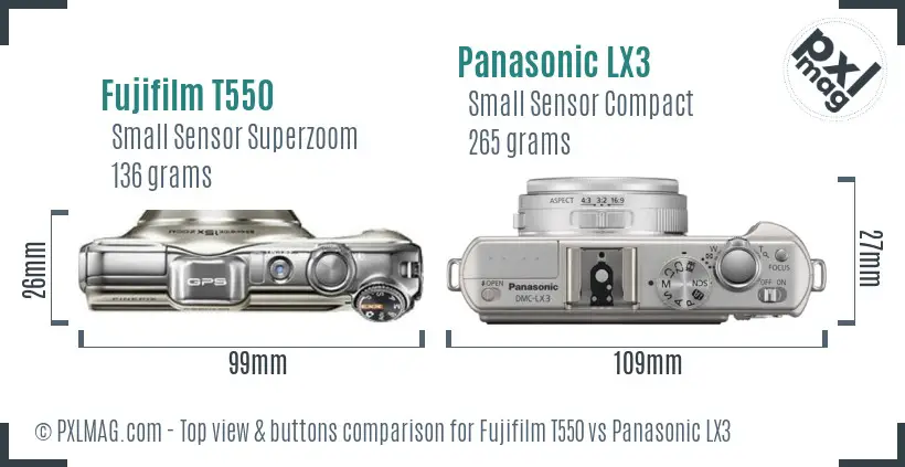 Fujifilm T550 vs Panasonic LX3 top view buttons comparison