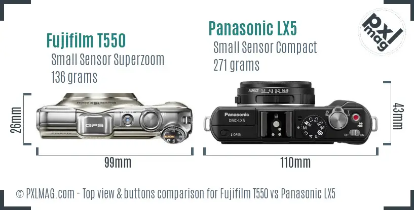 Fujifilm T550 vs Panasonic LX5 top view buttons comparison Fujifilm T550 vs Panasonic LX5 top view buttons comparison