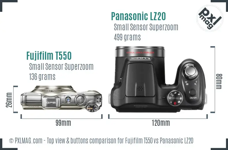 Fujifilm T550 vs Panasonic LZ20 top view buttons comparison