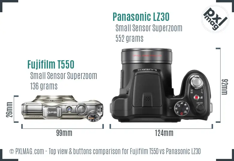 Fujifilm T550 vs Panasonic LZ30 top view buttons comparison