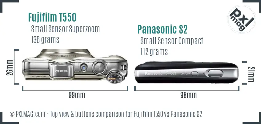 Fujifilm T550 vs Panasonic S2 top view buttons comparison Fujifilm T550 vs Panasonic S2 top view buttons comparison