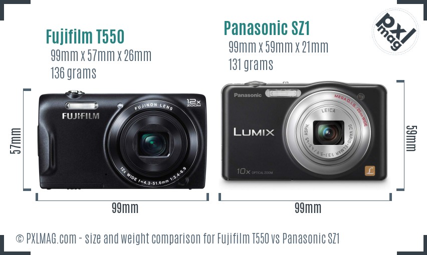 Fujifilm T550 vs Panasonic SZ1 size comparison