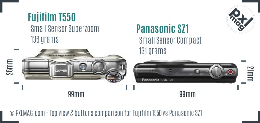 Fujifilm T550 vs Panasonic SZ1 top view buttons comparison
