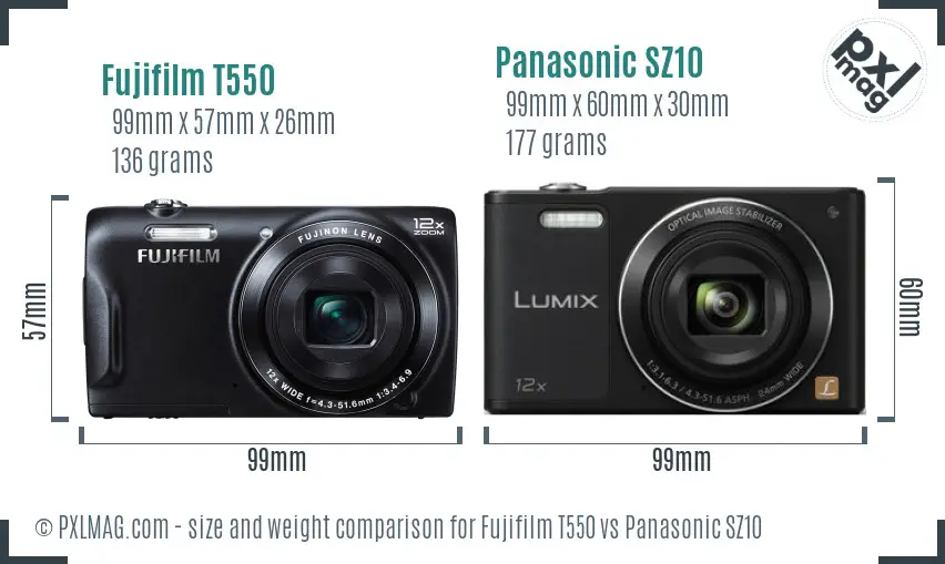 Fujifilm T550 vs Panasonic SZ10 size comparison Fujifilm T550 vs Panasonic SZ10 size comparison