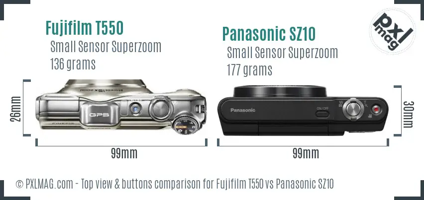 Fujifilm T550 vs Panasonic SZ10 top view buttons comparison