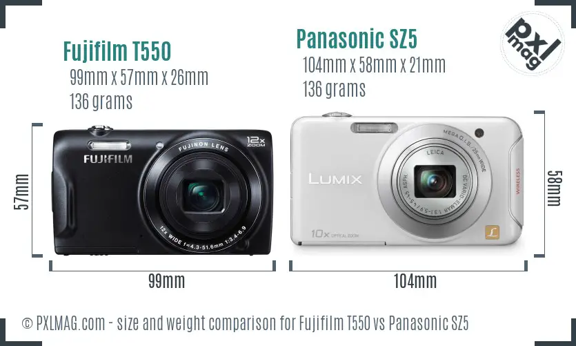 Fujifilm T550 vs Panasonic SZ5 size comparison