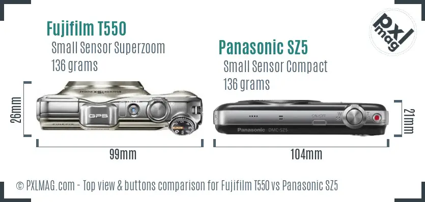 Fujifilm T550 vs Panasonic SZ5 top view buttons comparison