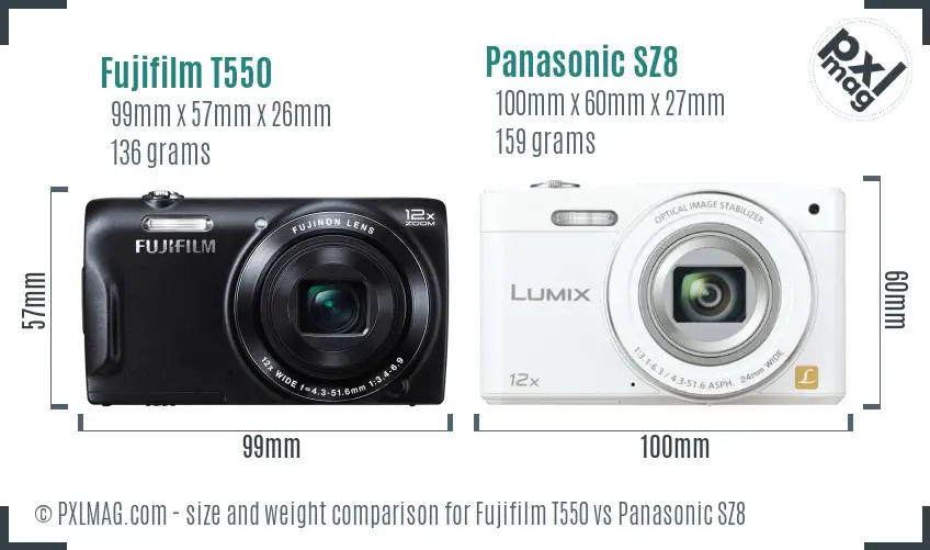 Fujifilm T550 vs Panasonic SZ8 size comparison