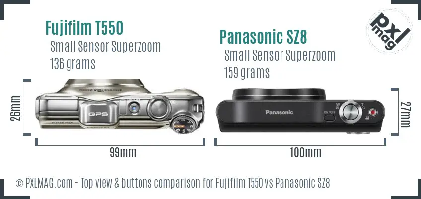 Fujifilm T550 vs Panasonic SZ8 top view buttons comparison