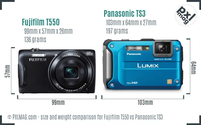 Fujifilm T550 vs Panasonic TS3 size comparison