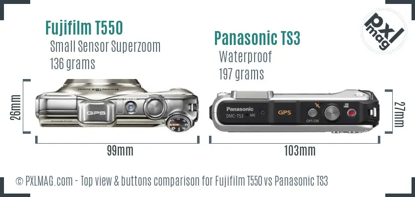 Fujifilm T550 vs Panasonic TS3 top view buttons comparison