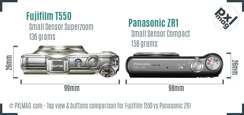 Fujifilm T550 vs Panasonic ZR1 top view buttons comparison