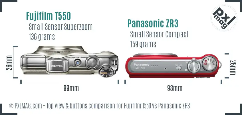 Fujifilm T550 vs Panasonic ZR3 top view buttons comparison Fujifilm T550 vs Panasonic ZR3 top view buttons comparison