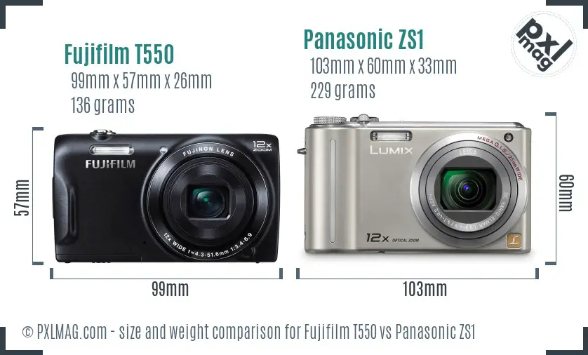 Fujifilm T550 vs Panasonic ZS1 size comparison