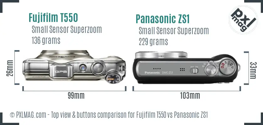 Fujifilm T550 vs Panasonic ZS1 top view buttons comparison