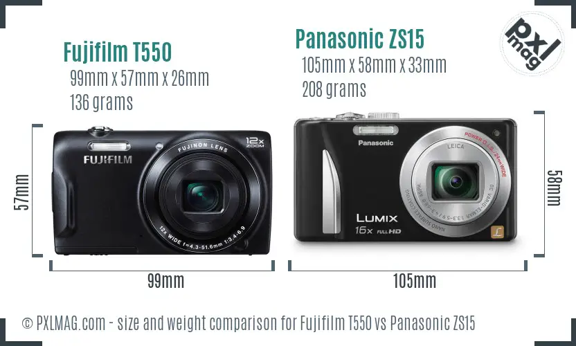 Fujifilm T550 vs Panasonic ZS15 size comparison