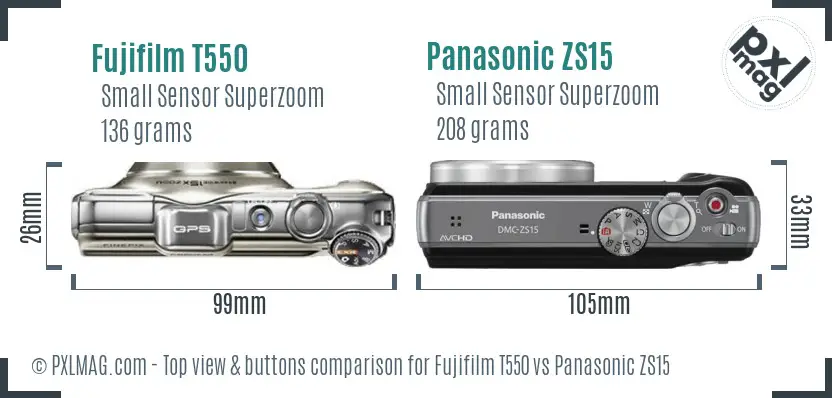 Fujifilm T550 vs Panasonic ZS15 top view buttons comparison