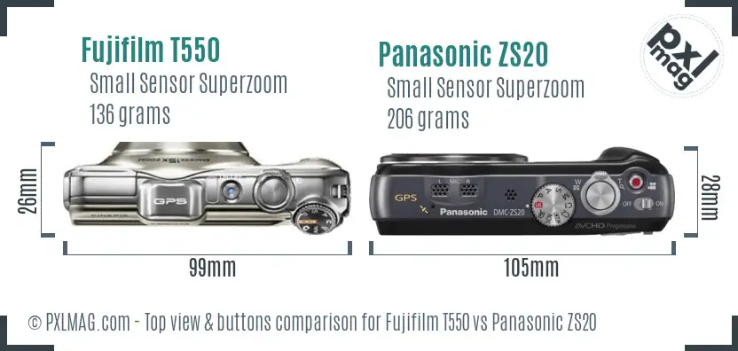 Fujifilm T550 vs Panasonic ZS20 top view buttons comparison