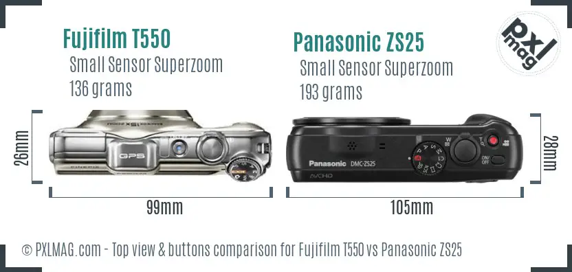 Fujifilm T550 vs Panasonic ZS25 top view buttons comparison