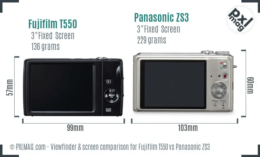 Fujifilm T550 vs Panasonic ZS3 Screen and Viewfinder comparison