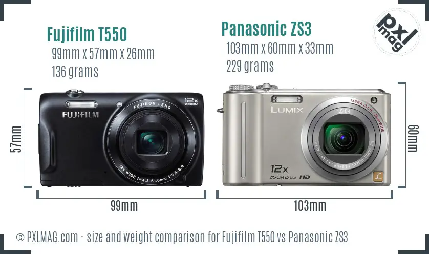Fujifilm T550 vs Panasonic ZS3 size comparison