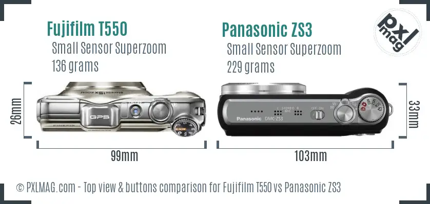 Fujifilm T550 vs Panasonic ZS3 top view buttons comparison