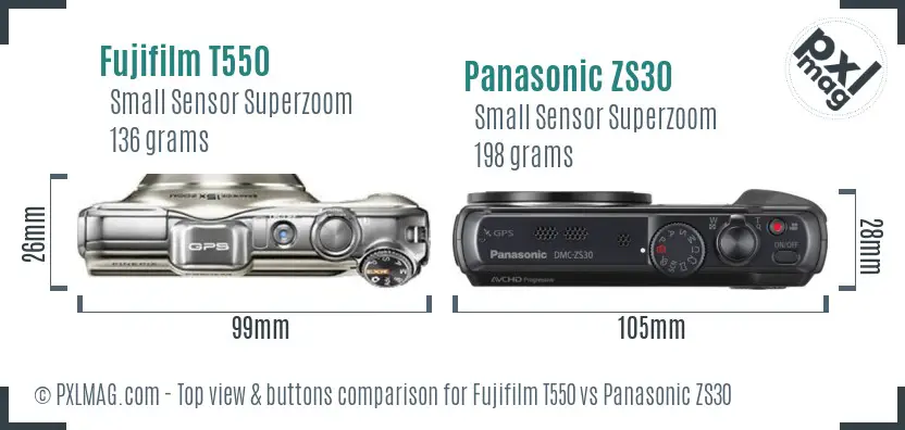Fujifilm T550 vs Panasonic ZS30 top view buttons comparison Fujifilm T550 vs Panasonic ZS30 top view buttons comparison