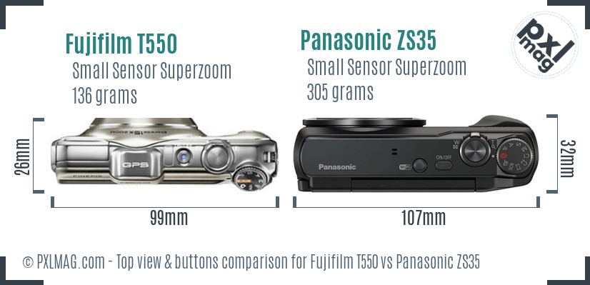 Fujifilm T550 vs Panasonic ZS35 top view buttons comparison