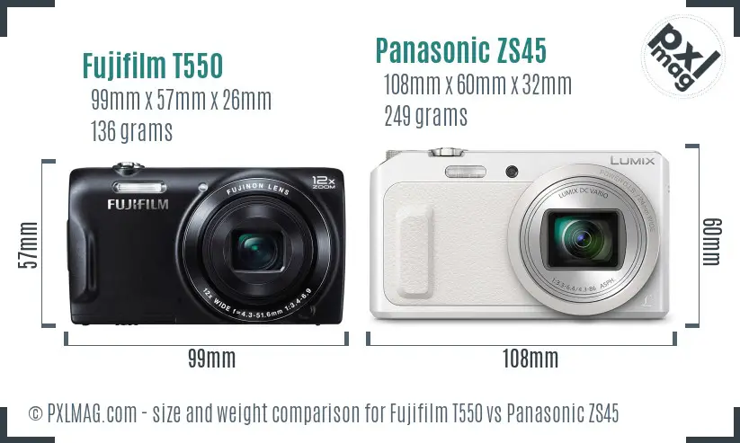 Fujifilm T550 vs Panasonic ZS45 size comparison