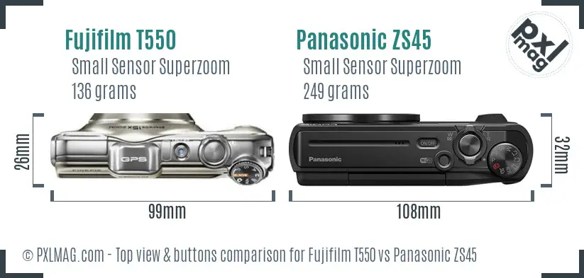 Fujifilm T550 vs Panasonic ZS45 top view buttons comparison