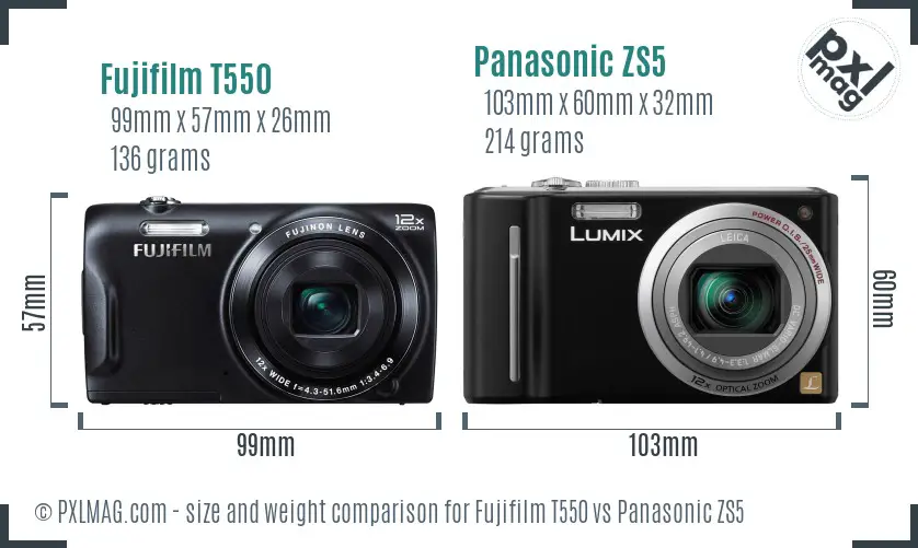 Fujifilm T550 vs Panasonic ZS5 size comparison