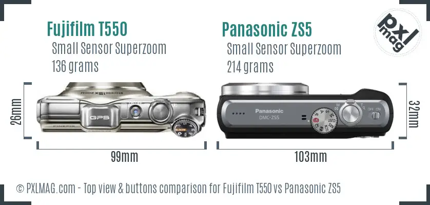 Fujifilm T550 vs Panasonic ZS5 top view buttons comparison