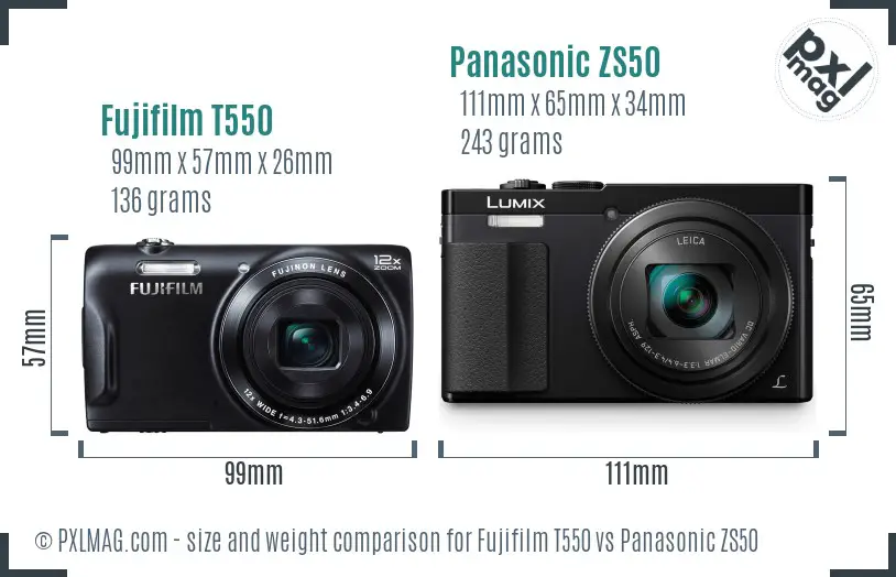 Fujifilm T550 vs Panasonic ZS50 size comparison