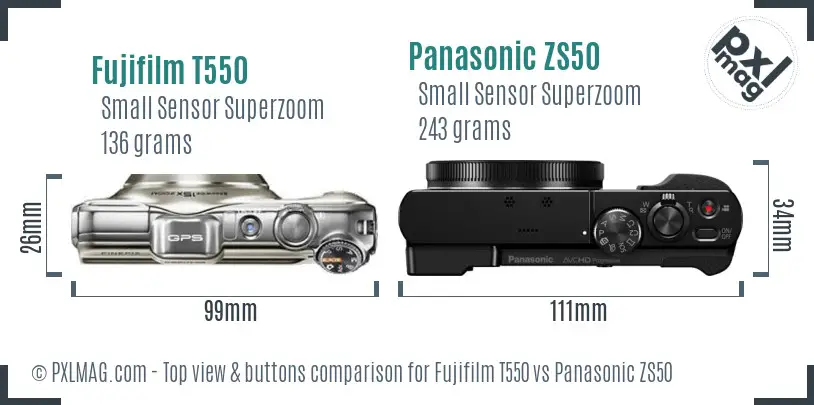 Fujifilm T550 vs Panasonic ZS50 top view buttons comparison