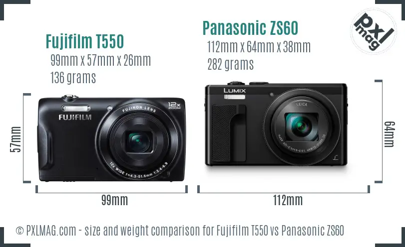 Fujifilm T550 vs Panasonic ZS60 size comparison