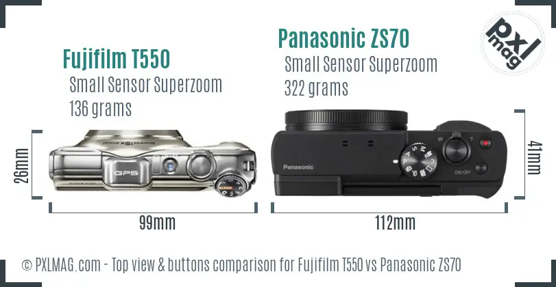 Fujifilm T550 vs Panasonic ZS70 top view buttons comparison