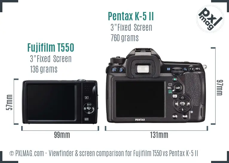 Fujifilm T550 vs Pentax K-5 II Screen and Viewfinder comparison
