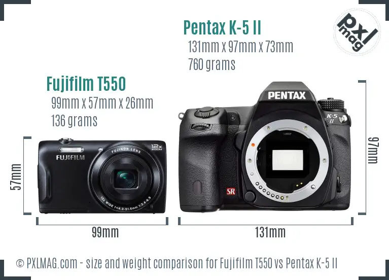 Fujifilm T550 vs Pentax K-5 II size comparison