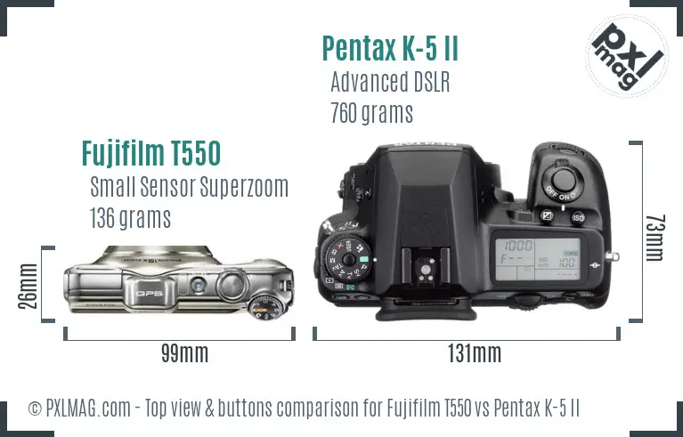 Fujifilm T550 vs Pentax K-5 II top view buttons comparison