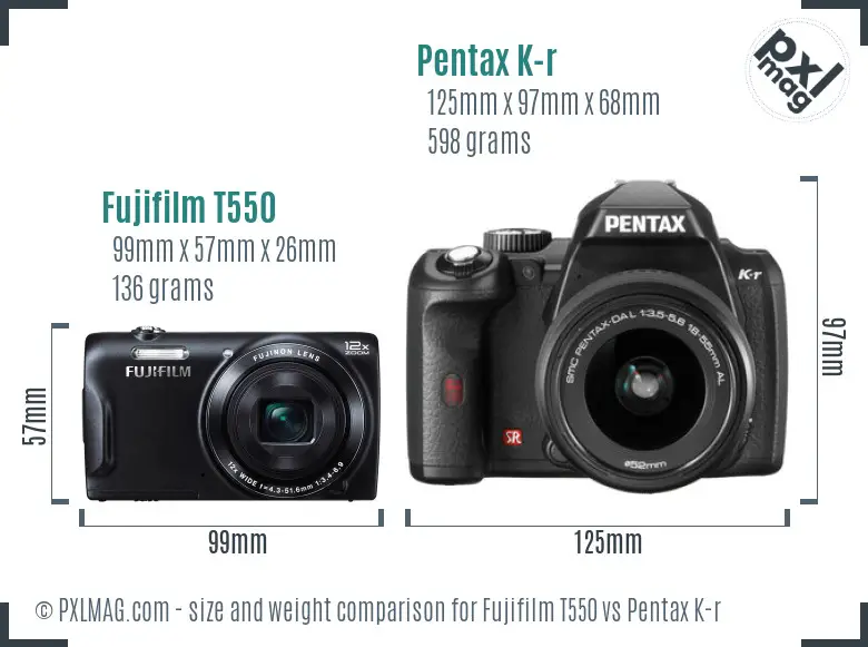 Fujifilm T550 vs Pentax K-r size comparison