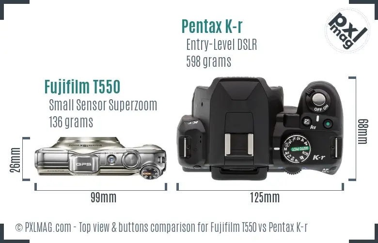 Fujifilm T550 vs Pentax K-r top view buttons comparison