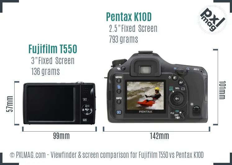 Fujifilm T550 vs Pentax K10D Screen and Viewfinder comparison