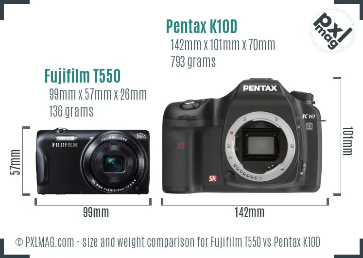Fujifilm T550 vs Pentax K10D size comparison