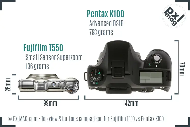 Fujifilm T550 vs Pentax K10D top view buttons comparison
