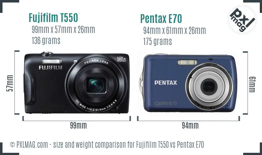 Fujifilm T550 vs Pentax E70 size comparison Fujifilm T550 vs Pentax E70 size comparison