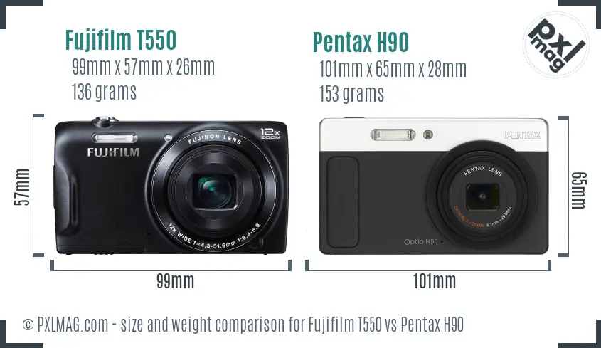 Fujifilm T550 vs Pentax H90 size comparison