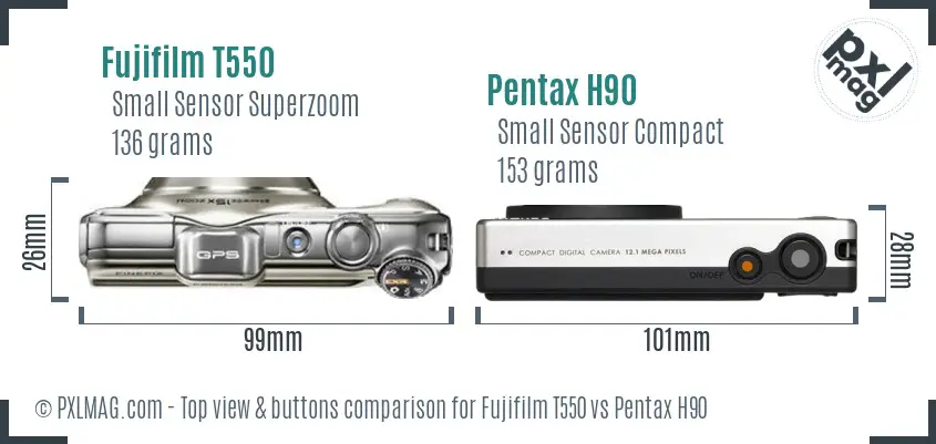 Fujifilm T550 vs Pentax H90 top view buttons comparison